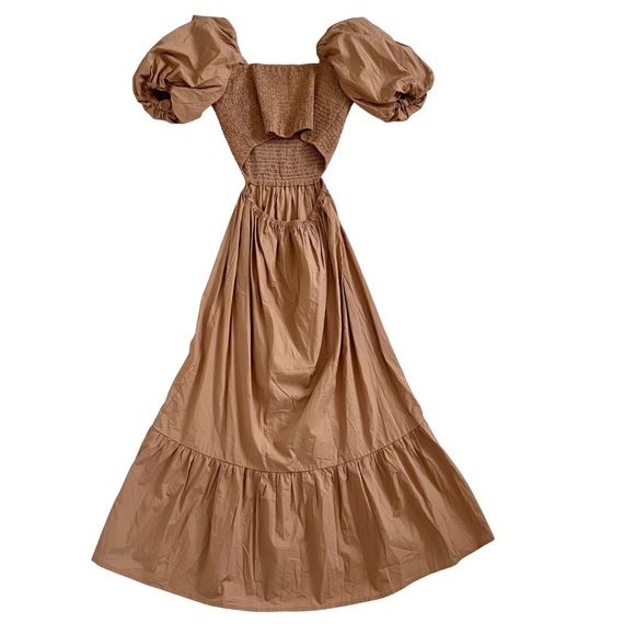 Anthropologie Faithfull the Brand Bloom Smocked Puff Midi Dress, Size 6, Tan - Picture 3 of 9